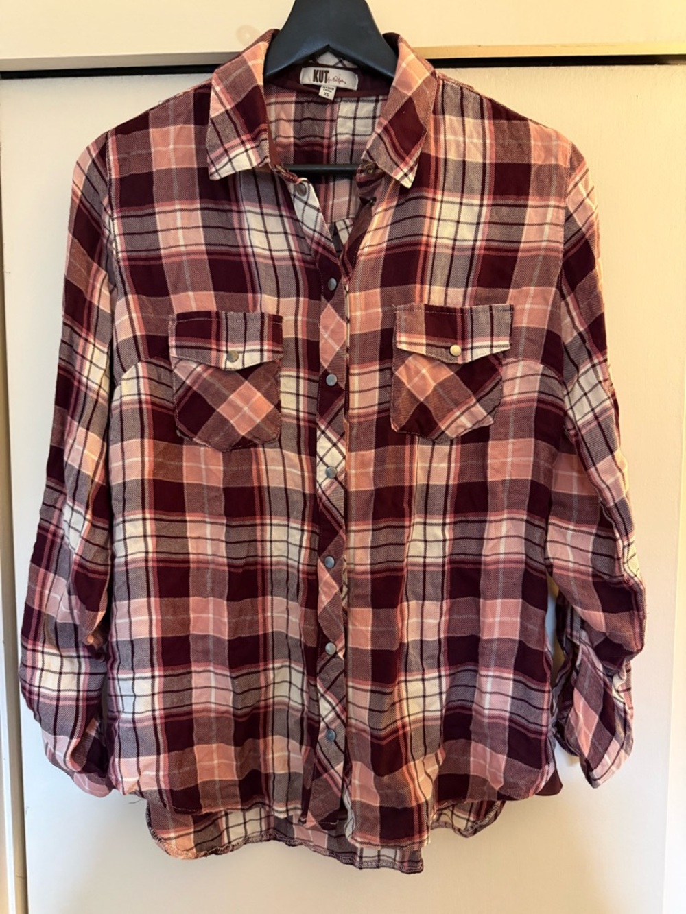 KUT from the Kloth Burgundy and Pink Plaid Top